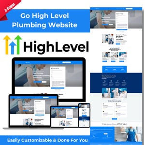 May include: A digital marketing graphic promoting a plumbing website. The image shows a laptop, tablet, and phone displaying a website design. Text includes "Go High Level Plumbing Website" and "HighLevel". The design is easily customizable.