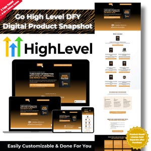 May include: A digital product snapshot titled "Go High Level DFY" with the "HighLevel" logo. The image showcases a laptop, tablet, and smartphone displaying a website interface. The design is black and gold, with text promoting customer experience and sales.