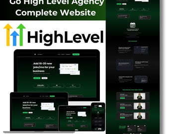 May include: A mockup of a website for a high-level agency. The website is black and green with a dark green background. The website features a call to action to add 10-20 new jobs per month for your business. The website also features a calendar, testimonials, and a section on their services. The text "High Level" is displayed in a large font on the website.