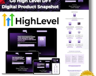 May include: A digital product snapshot with the text "Go High Level DFY Digital Product Snapshot" and "HighLevel". The image displays a laptop, tablet, and phone with a purple and white design. The text "TURN YOUR PRODUCTS INTO CLICK-MAGNETS" is visible.