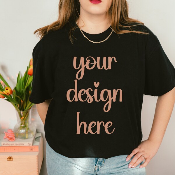 Black T-shirt Simple Mockup Gildan 5000  | Woman Tee Mock up | Shirt Female Lifestyle Gildan 5000 shirt mockup with flowers | aesthetic