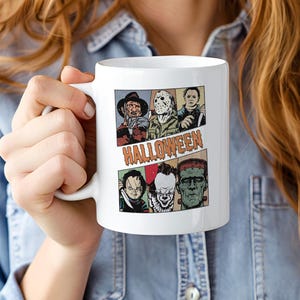 Retro Horror Characters Halloween Mug, Classic Horror Movie Mug, Halloween Horror Nights,Halloween Movie Mug, Vintage Scary Cup