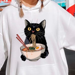 Noodle Cat Sweatshirt, Ramen Cat T-Shirt, Foodie Lover Shirts, Black Cat Noodle T-Shirts, Retro Cat Tees, Cat Lover Sweatshirts, Black Cat