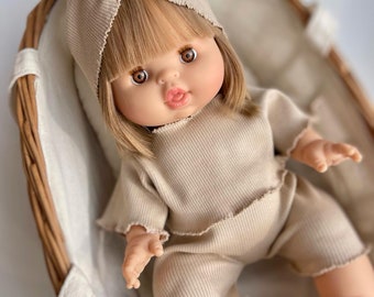 Rib Striped Cotton Set - Light Beige - Dress for a Doll, Miniland, Paola Reina, Minikane dolls with name, text, personalize