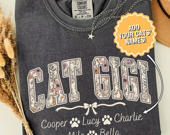 Cat Gigi Shirt with Custom Pet Names, Comfort Colors Personalized Cat Grandma Tee, Gift for Cat Gigi, Custom Cat Lover Shirt