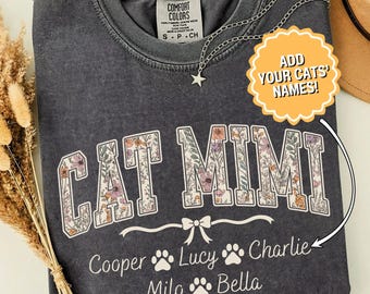 Cat Mimi Shirt with Custom Pet Names, Comfort Colors Personalized Cat Grandma Tee, Gift for Cat Mimi, Custom Cat Lover Shirt
