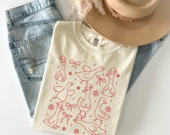 Comfort Colors® Coquette Bow Christmas Goose T-Shirt, Duck Christmas Shirt, Christmas Goose Shirt, Christmas Gift, Womens Christmas Shirt