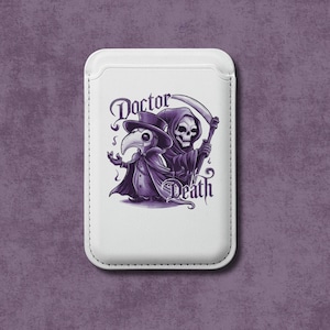 Cartera vegana Magsafe con ilustraciones del Doctor Muerte, diseño gótico del Doctor de la Peste y la Parca, cartera vegana única, accesorios góticos geniales
