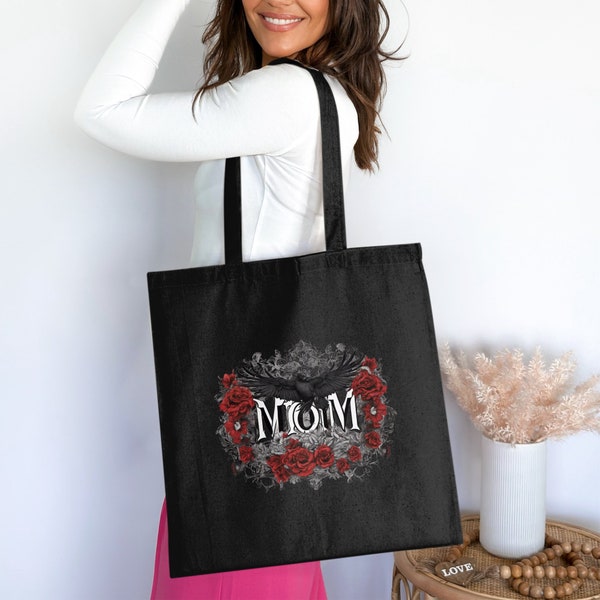 Gothic Raven and Red Roses Tote Bag, Black and White Floral Bird Print, Large Cotton Shopper Bag, Unique Artistic Accessory