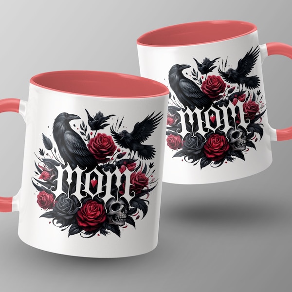 Gothic Raven and Rose Design Accent Coffee Mug 15oz, Skull and Flowers, Black and Red Color Scheme
