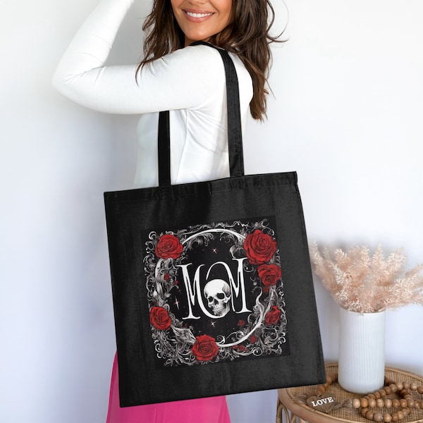 Gothic Skull and Roses Tote Bag, Floral Skull Mom Print, Stylish Black and Red Bag for Everyday Use