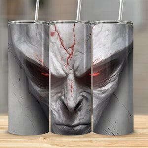 Gothic Red Eyes Demon Tumbler, Spooky Horror Face Insulated Cup, Unique Creepy Drinkware Gift
