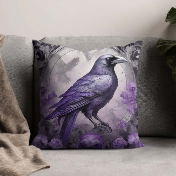 Gothic Raven Pillow, Purple Floral Fantasy Art, Decorative Bird Cushion, Unique Home Decor, Living Room Accent