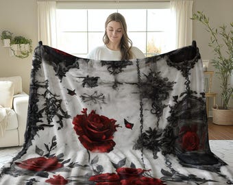 Gothic Red Rose Blanket, Dark Romance Victorian Throw, Romantic Goth Home Decor, Baroque Floral Tapestry Blanket, Spooky Chic Gift for Her