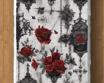 Gothic Rose and Skull Fleece Blanket: Dark Floral Home Decor