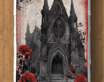 Gothic Cathedral Fleece Blanket: Dark Red Roses Throw