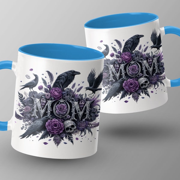 Gothic Raven and Purple Roses Design, 15oz Accent Coffee Mug, Elegant Dark Floral Bird Art