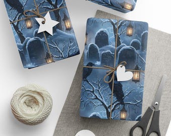 Gothic Christmas Wrapping Paper, Raven Holiday Gift Wrap, Spooky Xmas Paper, Tombstone Giftwrap, Alternative Holiday, Crow Christmas