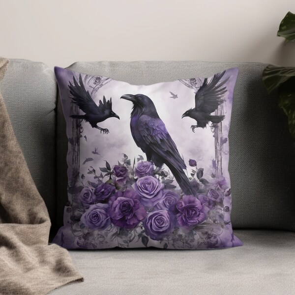 Gothic Raven and Purple Roses Decorative Pillow, Dark Fantasy Home Decor, Mystical Bird Cushion