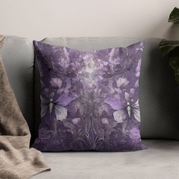 Gothic Purple Floral Butterfly Throw Pillow, Elegant Home Decor, Soft Violet Bedroom Accessory