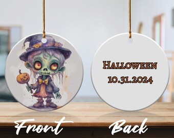 Adorable Zombie Halloween Ornament for Spooky Decor, Customizable Backside Option