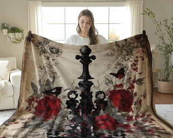 Gothic Rose Blanket, Dark Academia Floral Throw, Moody Victorian Home Decor, Vintage Red Rose Tapestry Blanket, Whimsigoth Witchy Bedding
