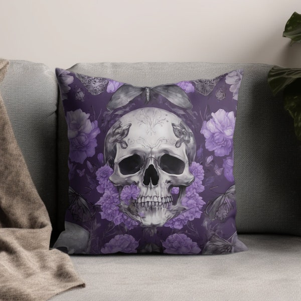Gothic Skull and Floral Design Pillow, Purple and Grey Aesthetic Home Decor, Unique Halloween Cushion