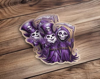 Straszne fioletowe naklejki z czaszką Reaper Trio: gotyckie wycinane naklejki na Halloween