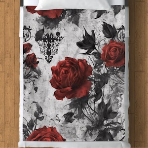 Red Rose Floral Gothic Blanket, Vintage Style Black and Grey Throw, Elegant Home Decor, Floral Pattern Cozy Bedding