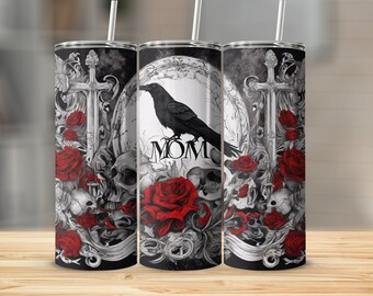 Gothic Raven & Roses Tumbler: Black Floral Insulated Cup - Mom Gift