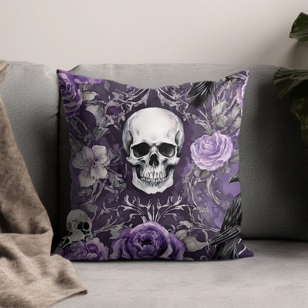 Gothic Skull and Raven Floral Pillow, Purple Rose and Crow Cushion, Halloween Home Decor, Dark Aesthetic Throw Pillow