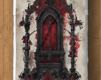 Gothic Red Rose Window Fleece Blanket: Dark Floral Decor