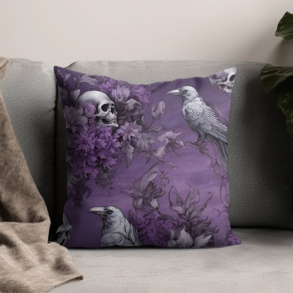 Gothic Skull and Raven Pillow, Purple Floral Haunted Aesthetic, Spooky Home Decor, Artistic Dark Fantasy Cushion Cover
