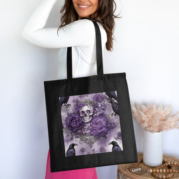 Gothic Skull and Roses Tote Bag, Purple Floral Crow Raven Pattern, Spooky Elegant Shoulder Bag, Unique Gift Idea