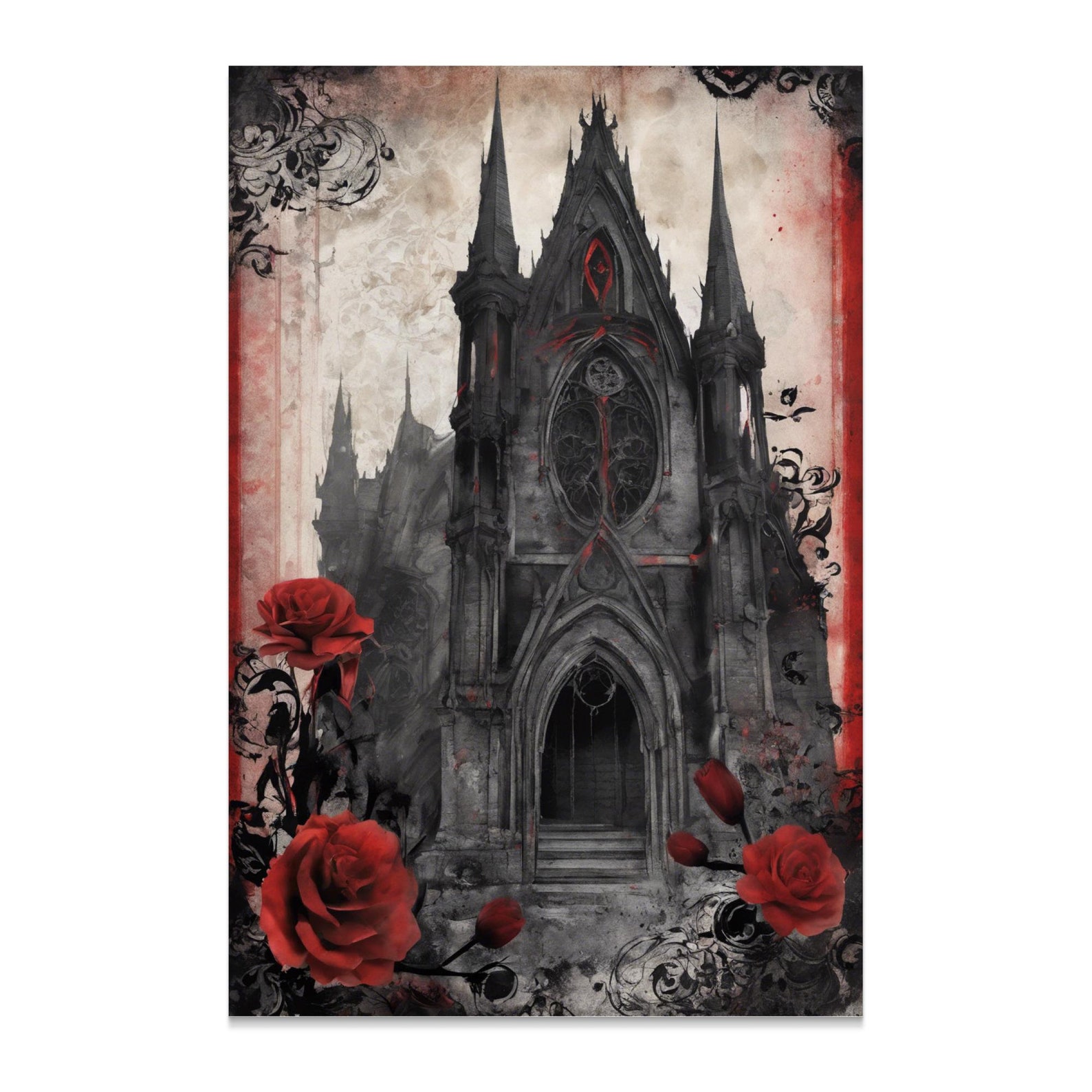 Gothic Cathedral and Red Roses Wall Art, Dark Fantasy Architecture ...