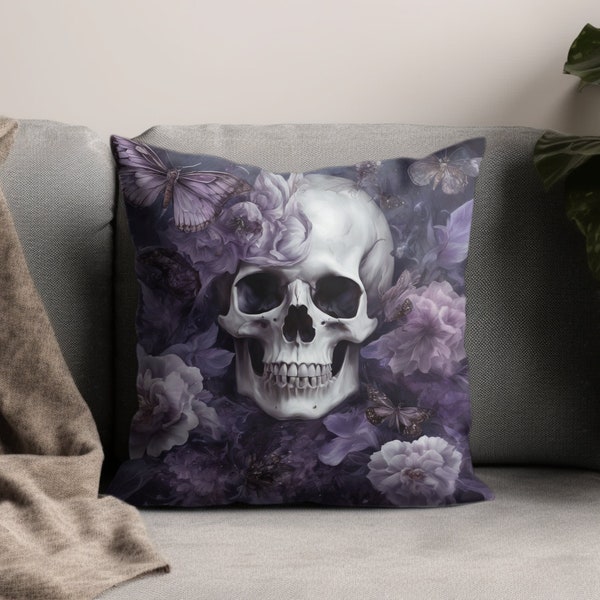 Gothic Skull and Purple Flowers Pillow Cover, Dark Fantasy Home Decor, Butterfly Floral Throw Pillowcase