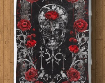 Gothic Skull & Red Roses Fleece Blanket: Dark Floral Bedding