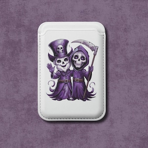Cartera con calavera, cartera gótica MagSafe, cartera de cuero vegano, cartera Reaper para iPhone, cartera espeluznante para mujer, cartera de Halloween