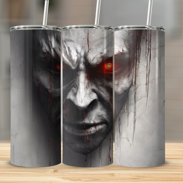 Horror Themed Tumbler, Scary Face with Red Eyes and Blood, Unique Halloween Drinkware, 20 oz