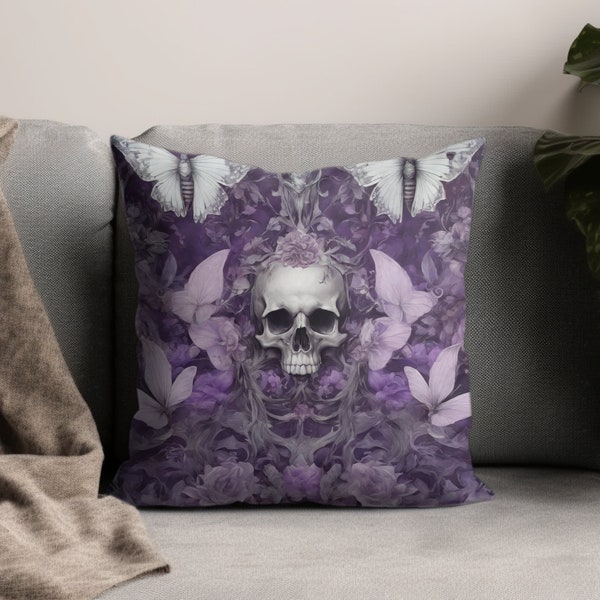 Gothic Skull and Butterfly Art Pillow, Purple Floral Fantasy Decorative Cushion, Unique Home Decor Accent