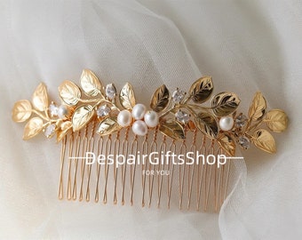 Peigne de mariée perles feuilles d'or pour mariage/bijoux de cheveux feuilles fait main/peigne de mariée anniversaire-bal de promo-mariage, peigne de mariée