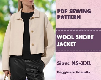 Wool Short Jacket Coat Sewing Pattern PDF, Wool Short Jacket, Sewing Patterns for Women, Coat Pattern, Jacket Pattern, Shacket, Size XS-XXL