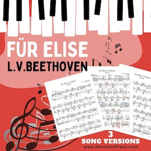 Para Elisa - L.v. Beethoven; 3 versiones Partitura Edición de aprendizaje visual con notas codificadas por colores + Archivo de audio