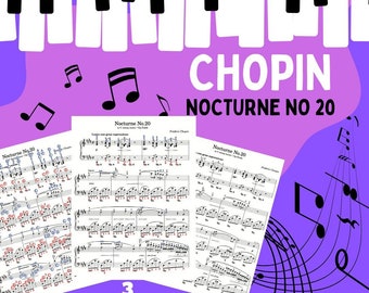 Nocturne No 20 Op Posth. - Fréderic Chopin; 3 Version Sheet music Visual Learning Edition with Color-Coded Notes + Audio File