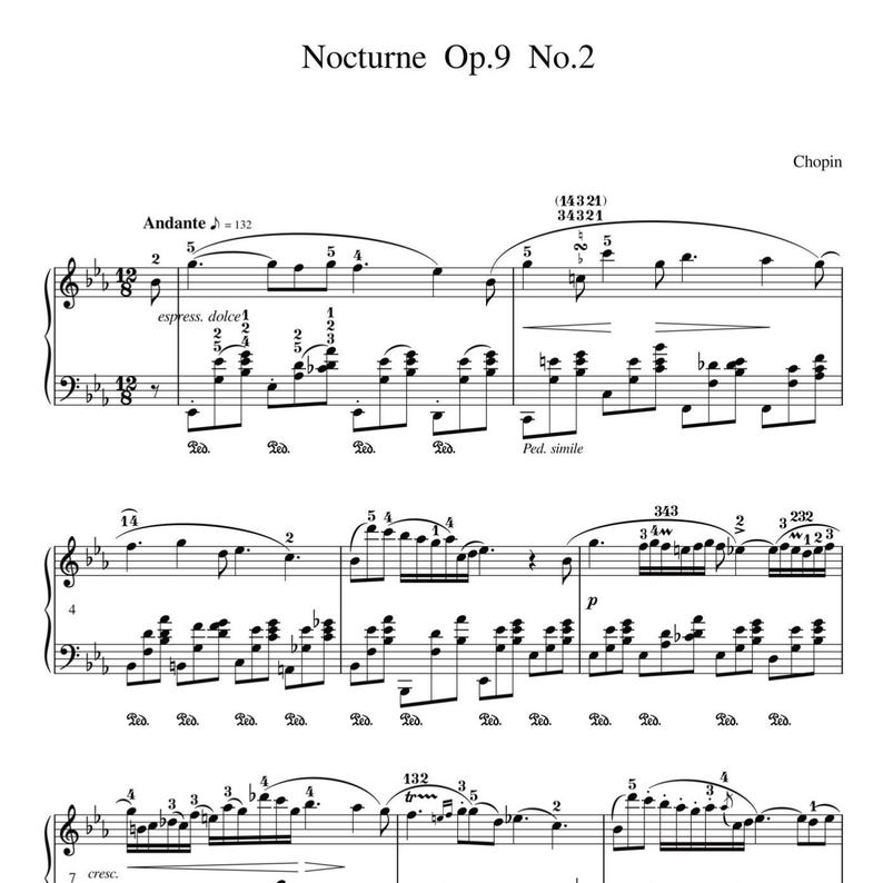 Puede incluir: Partitura musical para piano titulada "Nocturne Op.9 No.2" de Chopin. La m&uacute;sica est&aacute; escrita en notaci&oacute;n est&aacute;ndar con una clave de sol y una clave de fa. El tempo est&aacute; marcado como "Andante = 132".