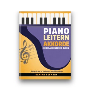 Puede incluir: Portada de libro con un diseño amarillo y morado. El título es "Piano Leitern Akkorde" y el subtítulo es "Der Klavier Lehrer: Buch 2". La portada también presenta una clave de sol y un teclado de piano.