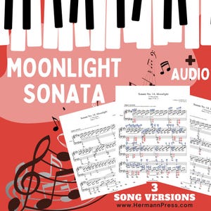 Sonata Claro de Luna - L.v. Beethoven; 3 versiones Partitura Edición de aprendizaje visual con notas codificadas por colores + Archivo de audio