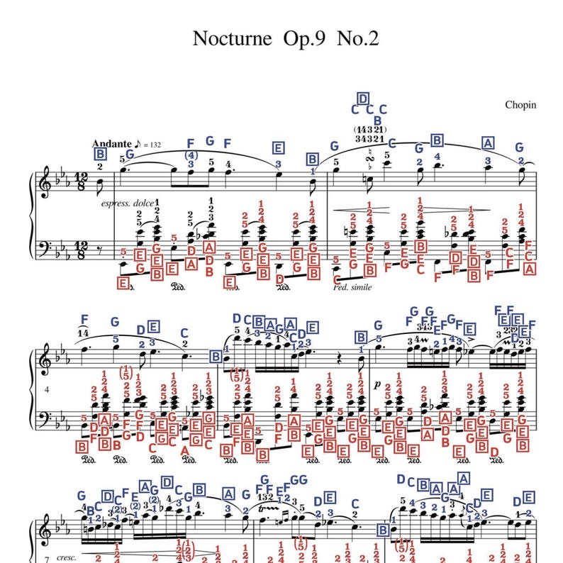 Puede incluir: Una partitura musical para piano titulada "Nocturne Op.9 No.2" de Chopin. La m&uacute;sica est&aacute; escrita en notaci&oacute;n est&aacute;ndar con notas, claves y compases. La pieza est&aacute; en Do mayor y est&aacute; marcada como "Andante" con un tempo de 132 pulsaciones por minuto.