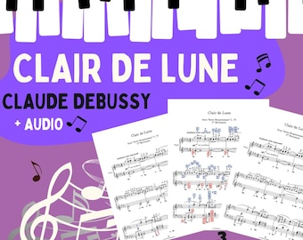 Clair de Lune - Claude Debussy; 3 Version Sheet music Visual Learning Edition with Color-Coded Notes + Audio File