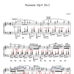 Puede incluir: Partitura musical para piano titulada "Nocturne Op.9 No.2" de Chopin. La m&uacute;sica est&aacute; escrita en notaci&oacute;n est&aacute;ndar con una clave de sol y una clave de fa. La pieza est&aacute; en fa mayor y tiene un tempo de 132 pulsaciones por minuto. La m&uacute;sica incluye una variedad de marcas musicales, como din&aacute;mica, articulaciones y cambios de tempo.